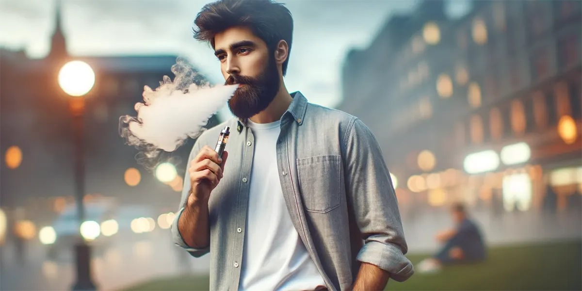 man standing outdoors casually vaping his disposable vape
