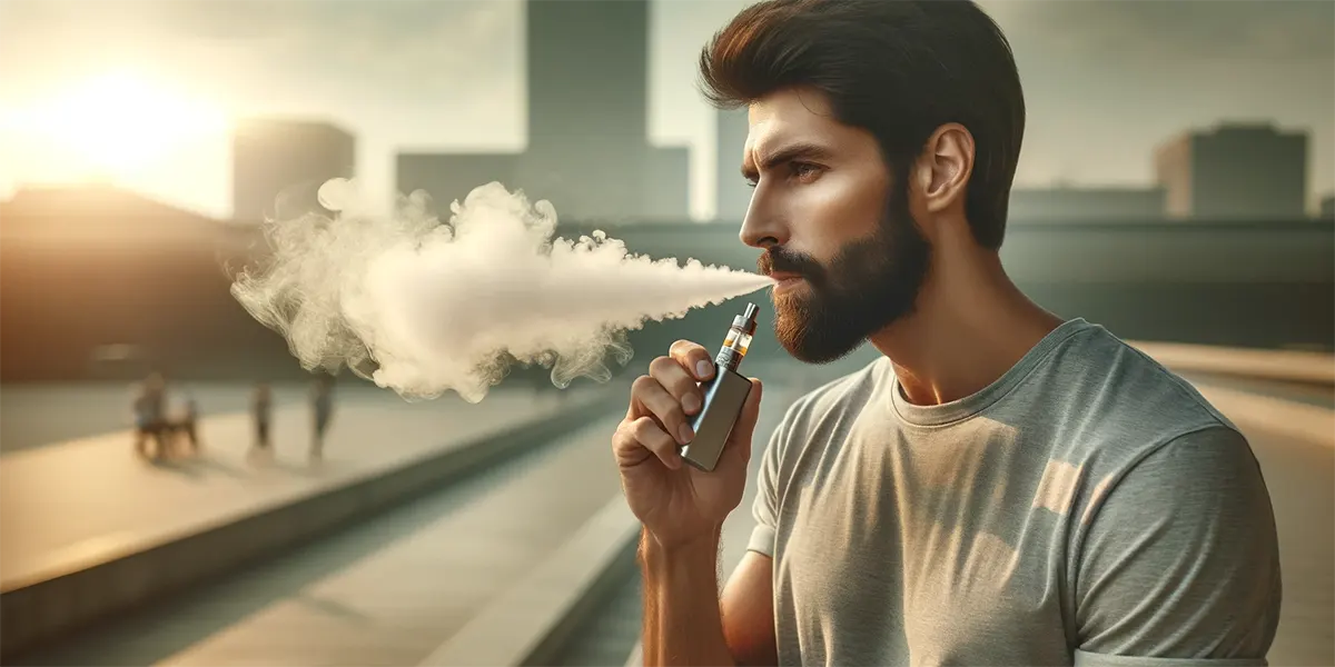 man with a beard standing outdoors and casually smoking a disposable vape