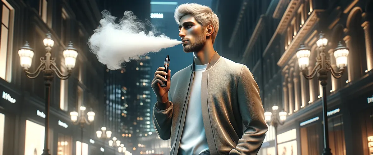 stylish man is standing in an urban setting and smoking a disposable vape