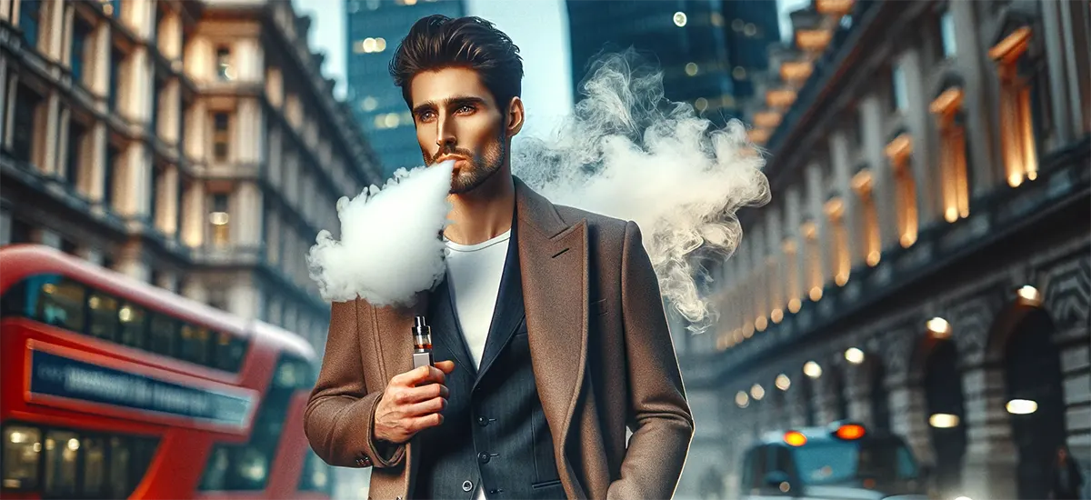 a stylish UK man is vaping his rechargeable disposable vape and exhaling a large cloud of vapor