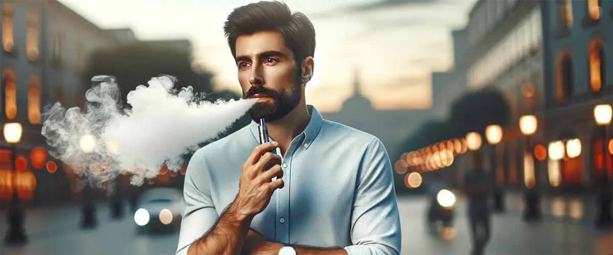 a gentle different man with a beard is standing outdoors, casually smoking a disposable vape.