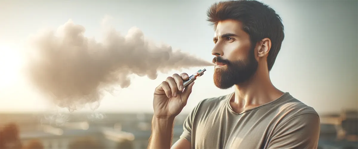 man with a beard is standing outdoors, casually smoking a disposable vape.