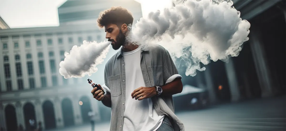 a cool man is vaping for large vapor puffs