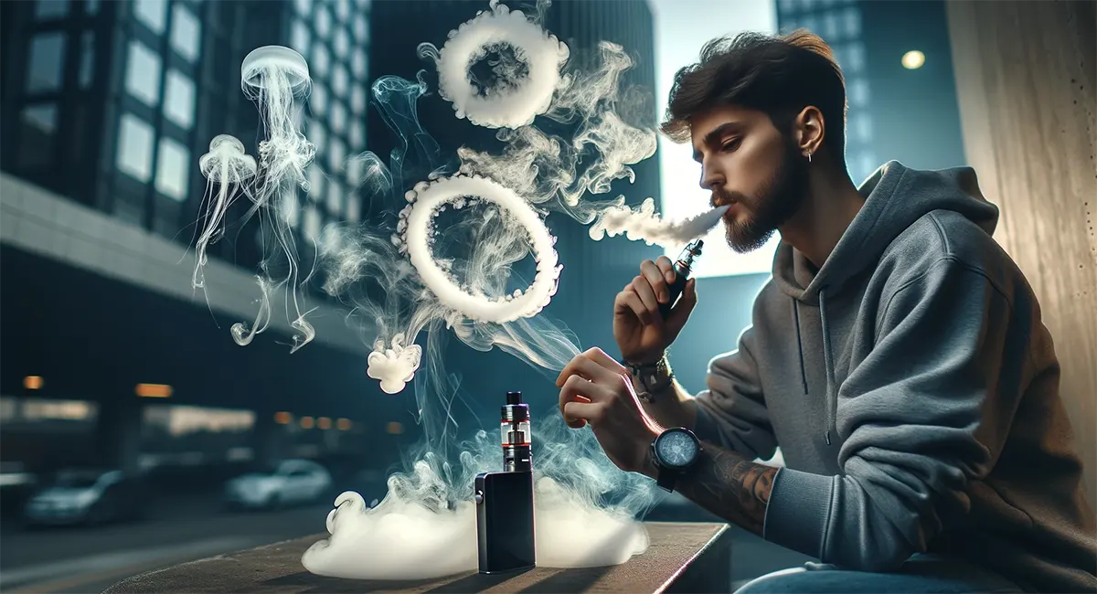 a man is vaping outside and showing his vapor tricks