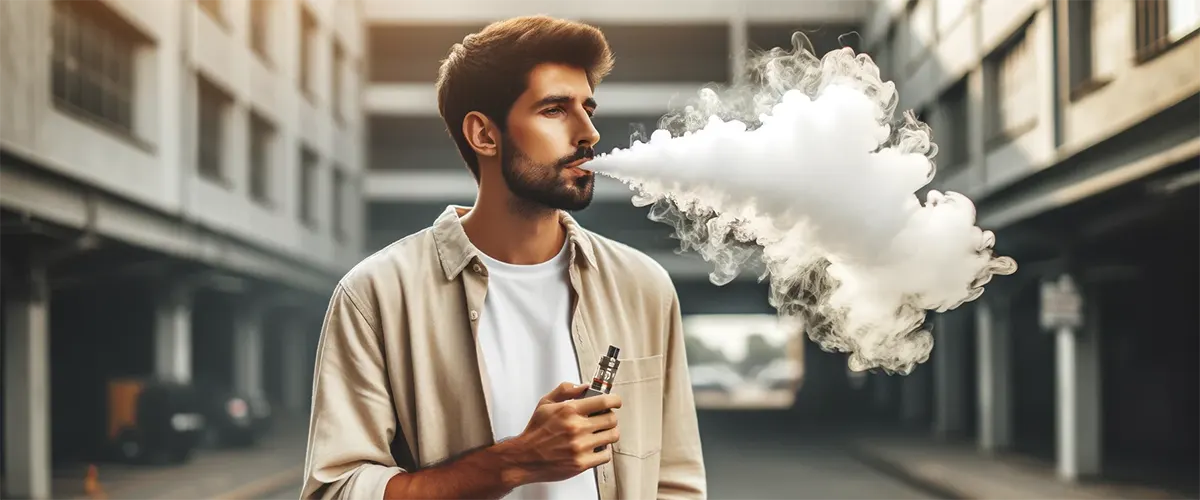 a man is vaping outsite and exhale cool large vapor