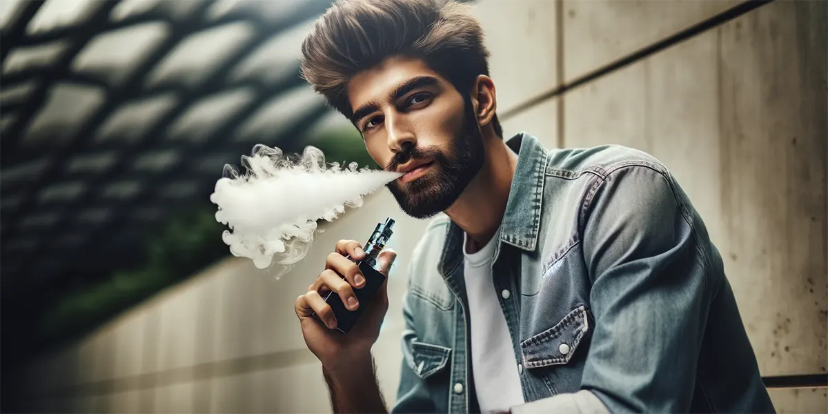 a man is vaping casually by large disposable vapes
