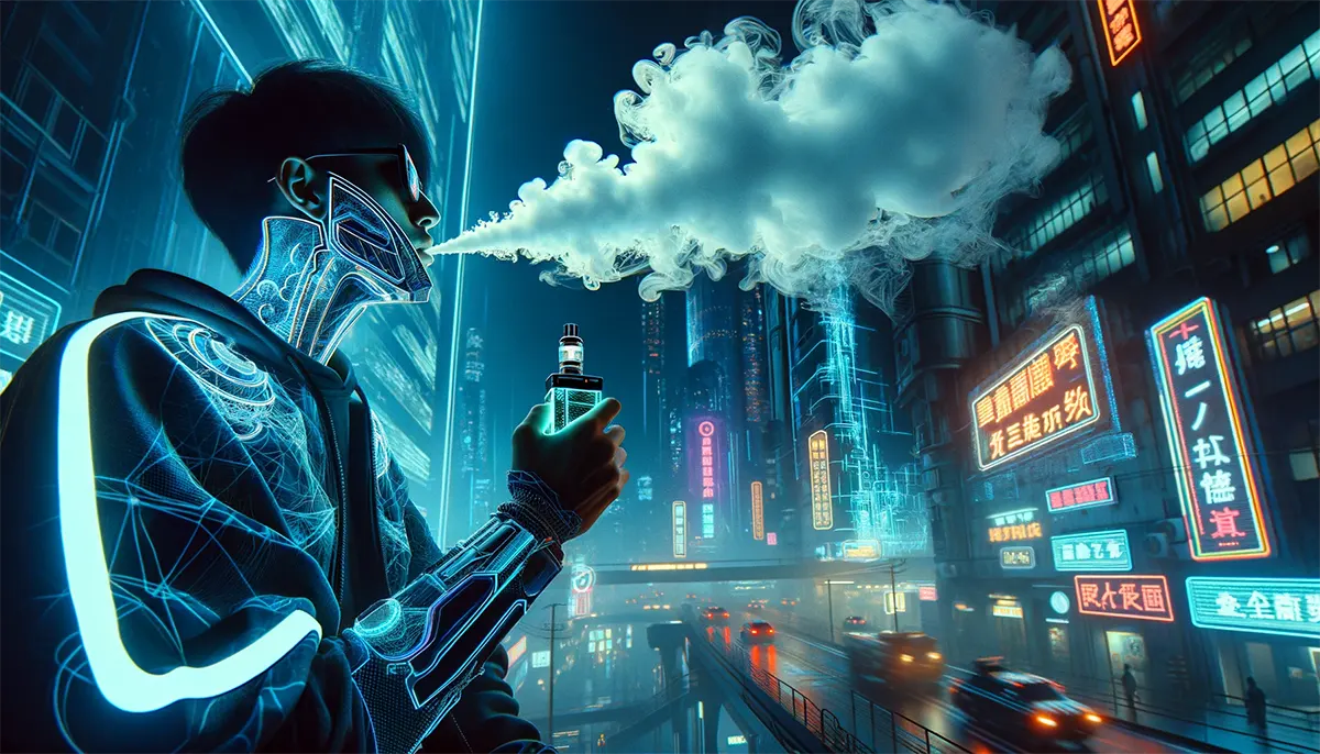 a man is vaping cool in a cyberpunk-inspired city