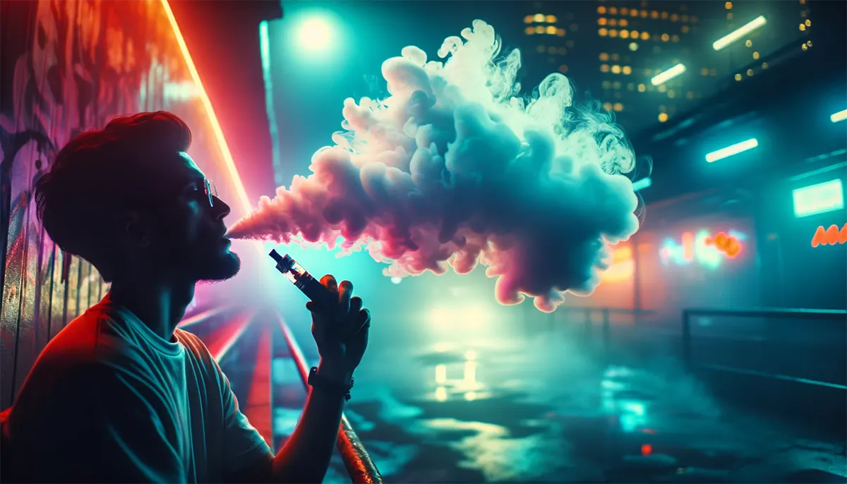a man smokes e-cigs sitting on the street in a cyberpunk-inspired city