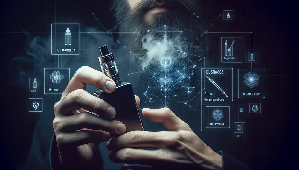 an adult vaper is holding a refillable vape device with visible vapor
