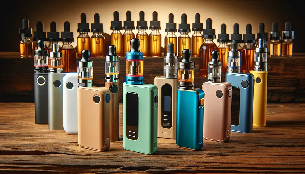 an array of refillable vape devices with diverse replacement vape juices