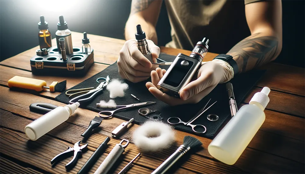 a vape device being cleaned and maintained by various tools and cleaning materials on a table