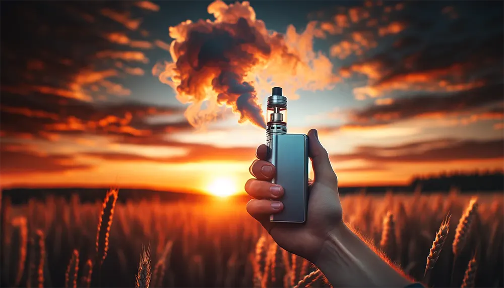 a vaper is holding a vape with visible vapor clouds against a sunset background