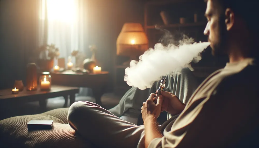 an adult vaper is relaxing and vaping in a cozy indoor setting