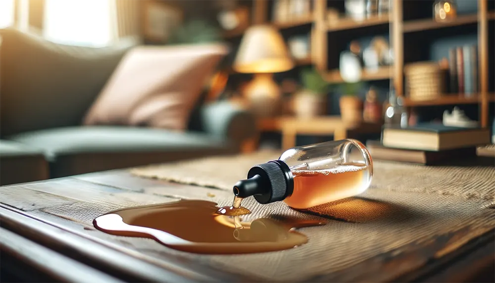 a bottle of vape juice tipping over on a table with a few drops of liquid spilling out