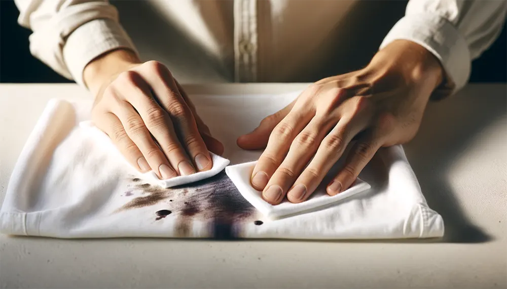 a person gently blotting a vape juice stain on a piece of clothing with a clean, white cloth