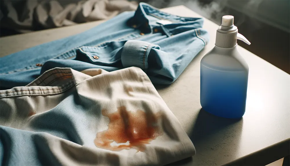 a bottle of dish soap next to a vape-stained garment preparing for stain treatment