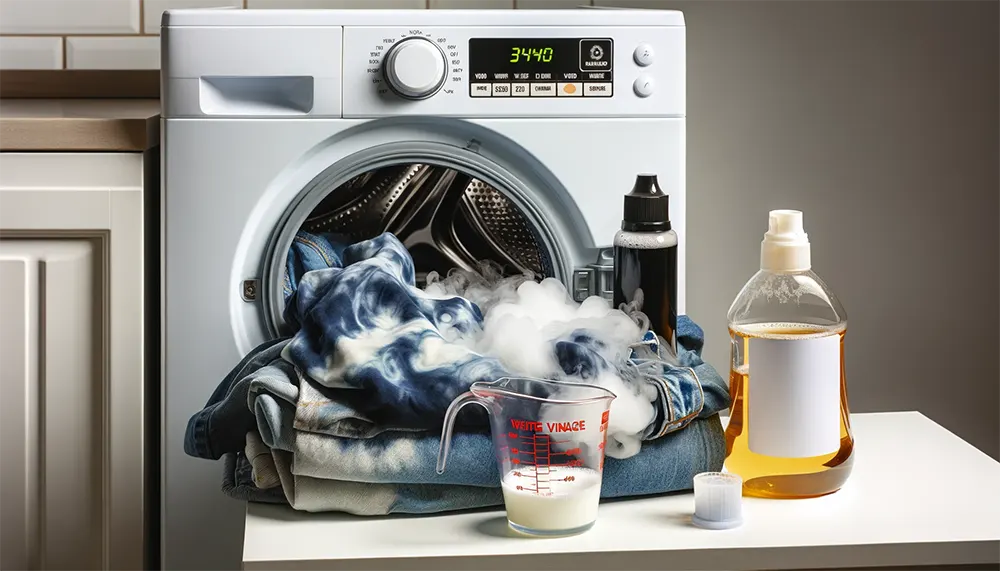 a washing machine loaded with clothes including a previously stained garment