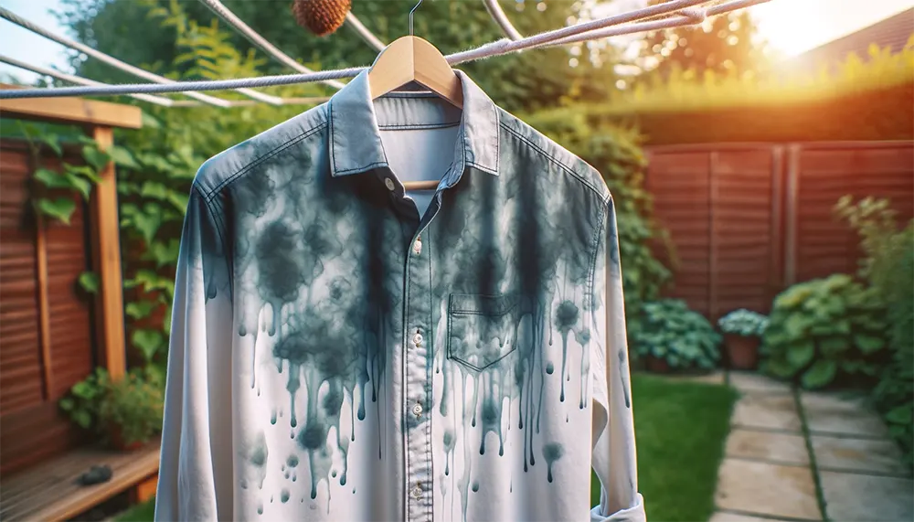 a garment hanging outdoors with a focus on the fabric showing signs of the vape juice stain