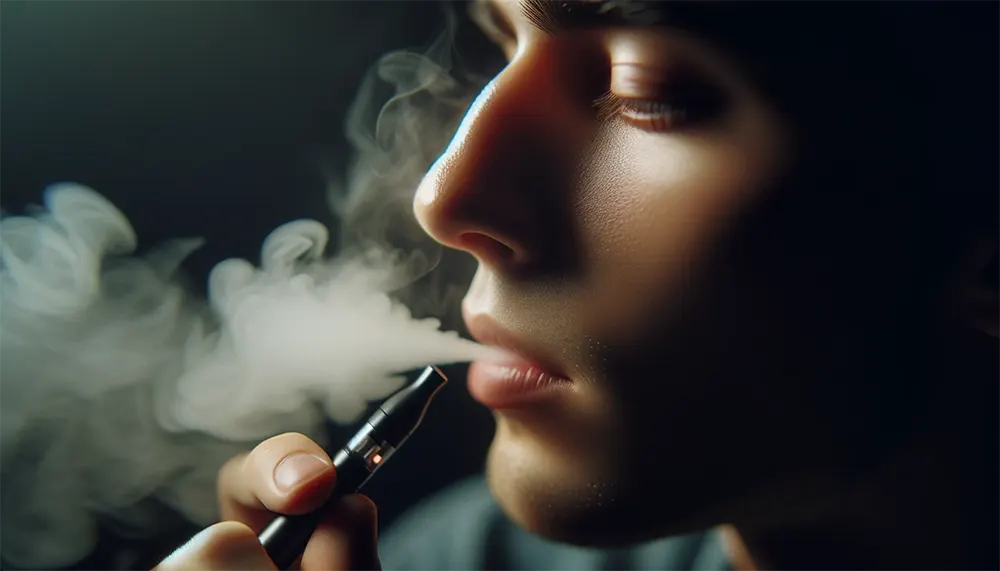 an adult vaper is subtly exhaling vapor from a buttonless disposable vape pen