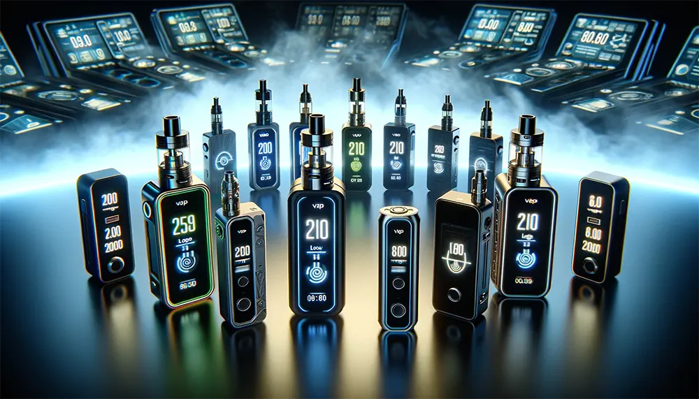 a variety of vaping devices with different voltage settings displayed on their screens