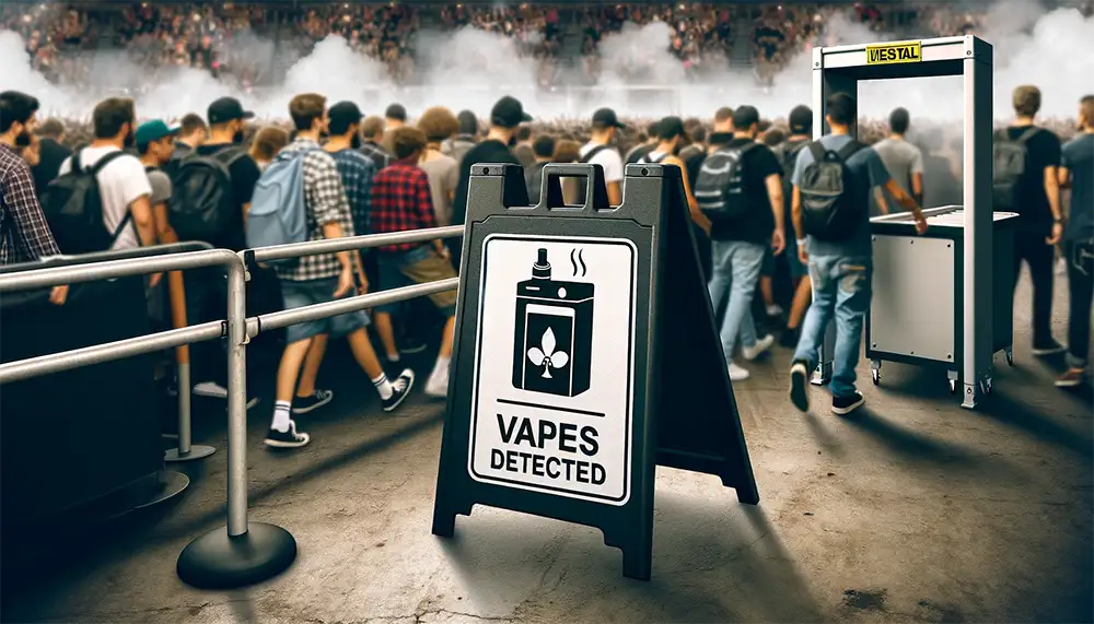 a line of attendees for the music concert venue passing metal detectors to detect vapes