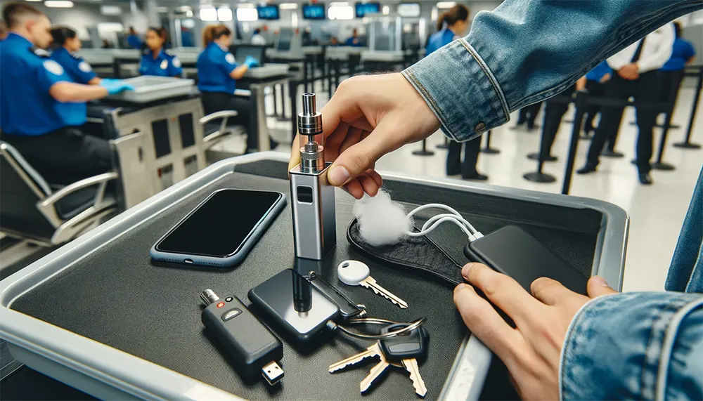 a traveler is placing a disposable vape and a smartphone into a security tray at an airport
