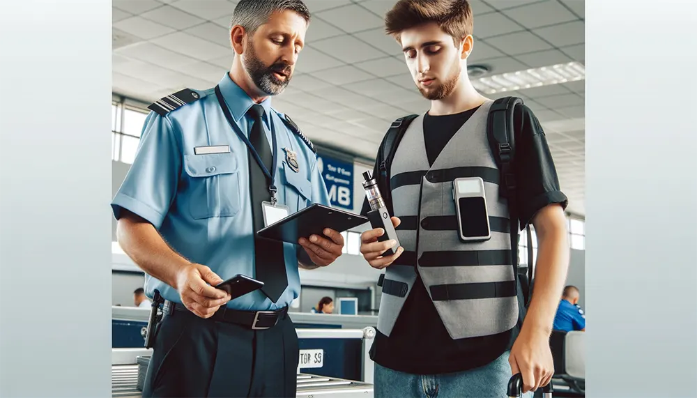 an airport security officer scanning electronic devices to a traveler holding a disposable vape