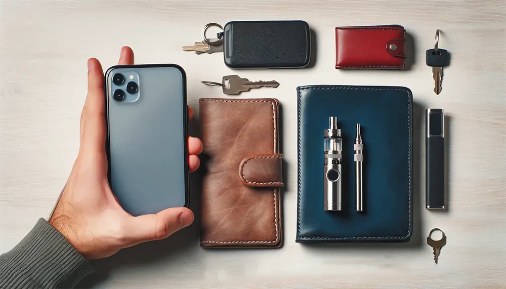 a disposable vape next to common items such as a smartphone, keys, and a wallet on a table