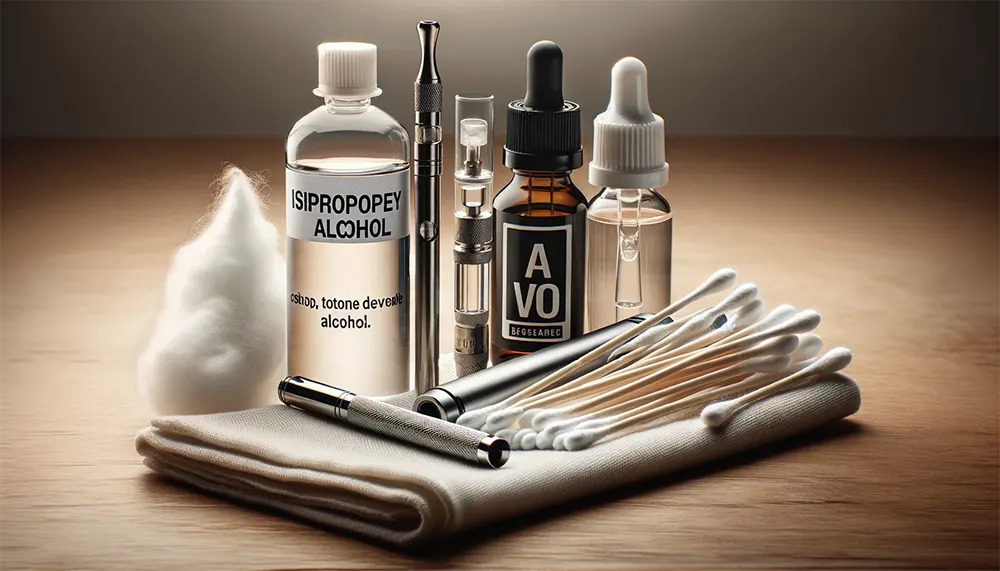 cleaning supplies for a disposable vape pen including isopropyl alcohol and cotton swabs