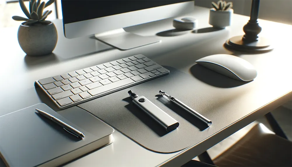 a disposable vape pen next to a computer keyboard and mouse on a clean office desk