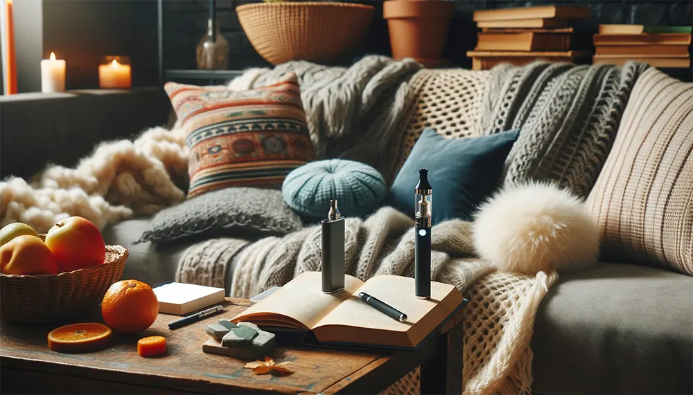 a disposable vape pen on a coffee table, surrounded by soft cushions and an open book