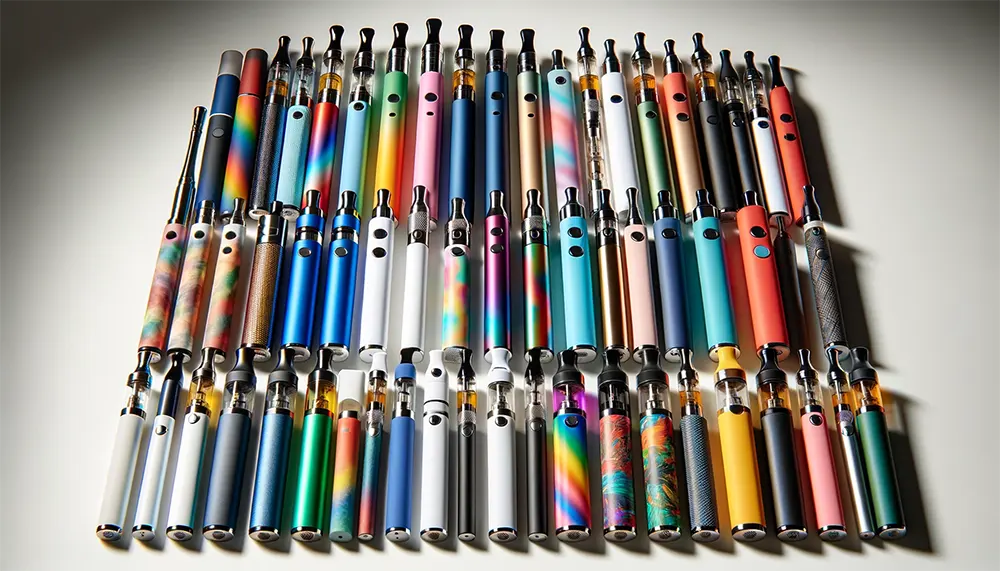 display various disposable vape pens in multiple colors and designs