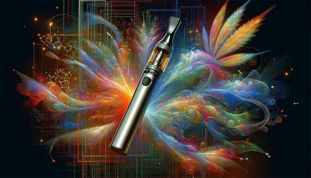 a salt nic disposable vape pen amidst a flurry of colorful, AI-generated algorithmic patterns