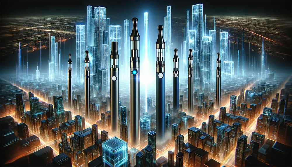 salt nic disposable vape pens arrayed against a background of futuristic, digital cityscapes