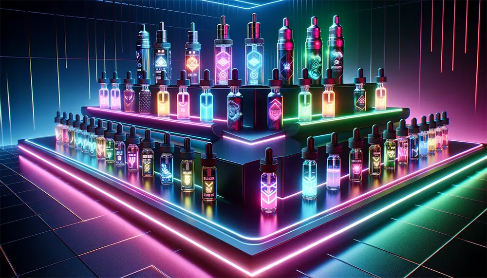 a neon-lit display of various vape juice flavors in futuristic bottles