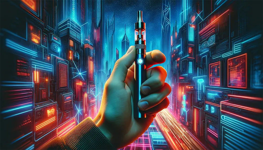 a person is holding a vape pen against a futuristic city background