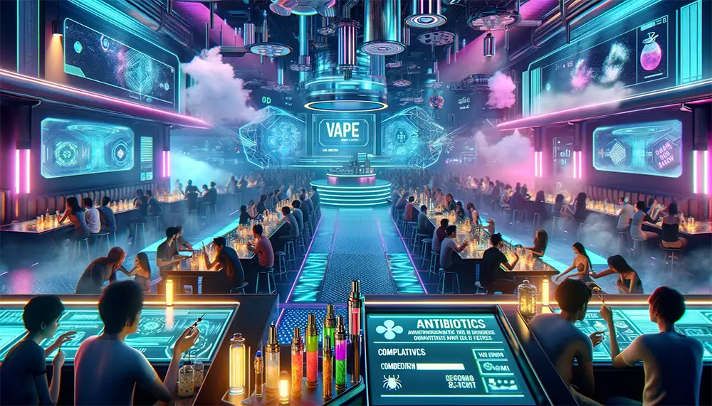 a futuristic club scene where vaping is integrated into the social experience