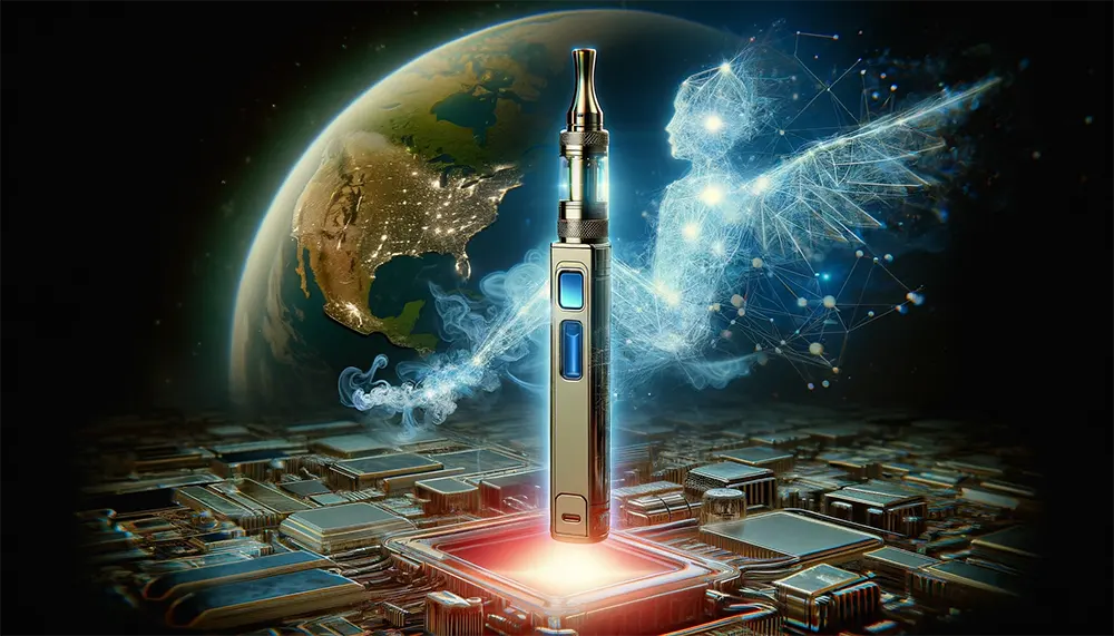 a disposable vape pen evolving into a futuristic gadget of a digital world