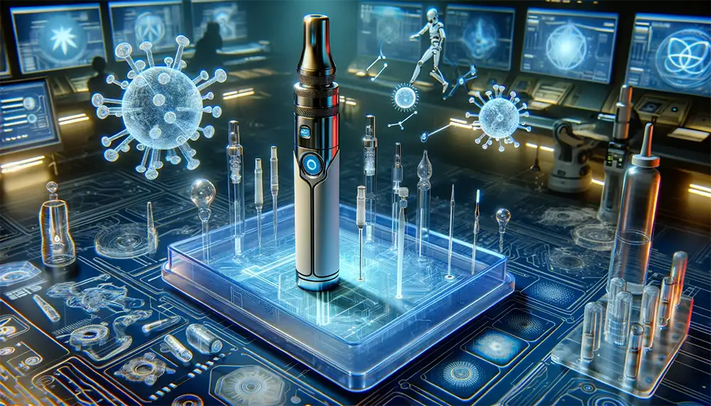 futuristic concept of a disposable vape pen integrating with advanced AI technology