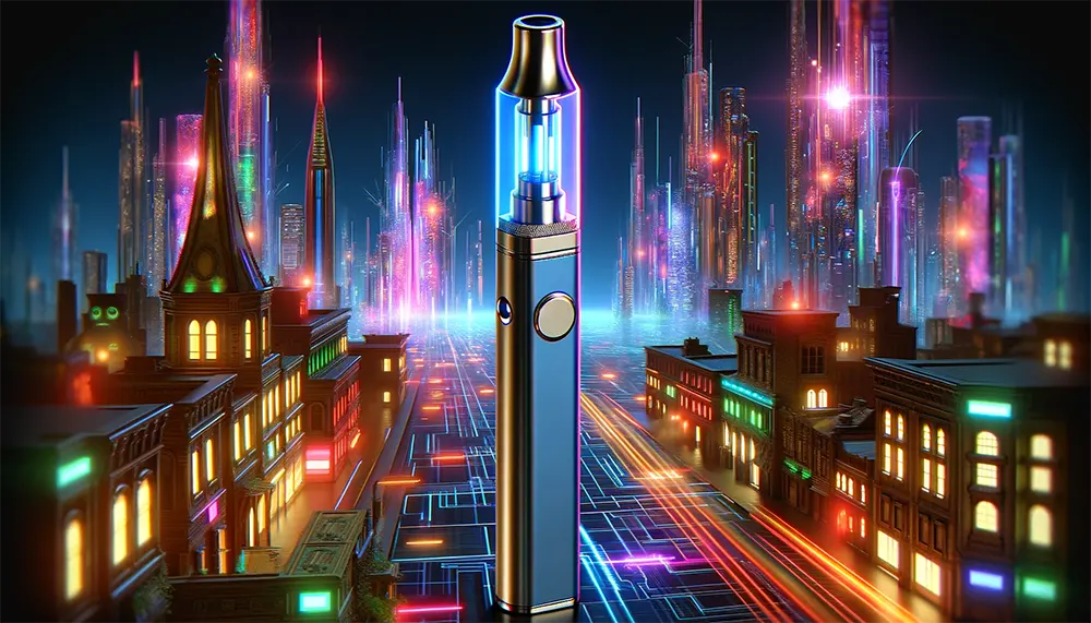 a modern disposable vape pen showcased in a vibrant, futuristic cityscape at night