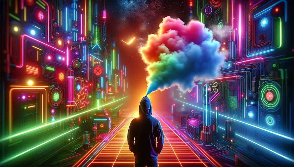 a vaper exhaling colorful vapor clouds under neon lights