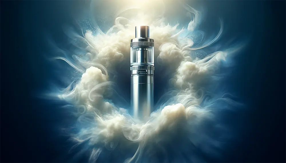 a clean, shining vape atomizer against a background of vapor clouds