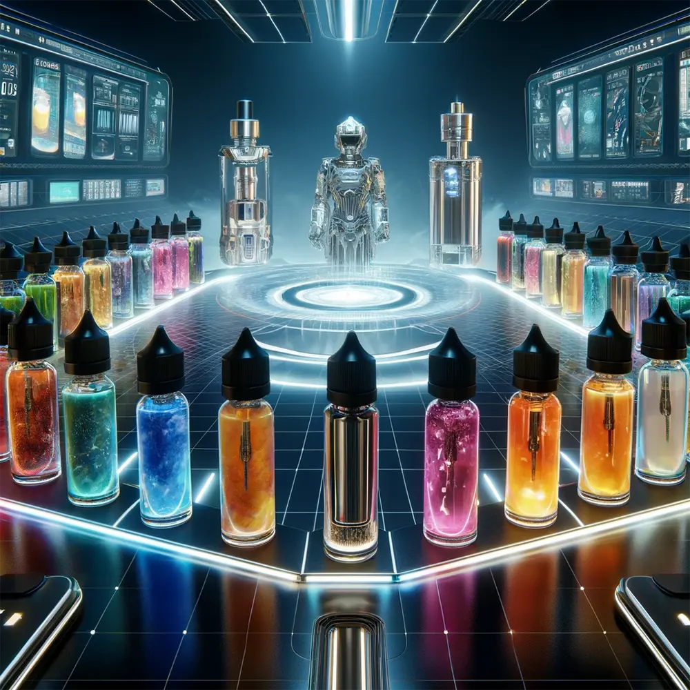 an array of vape juices dispaly in a high-tech environment