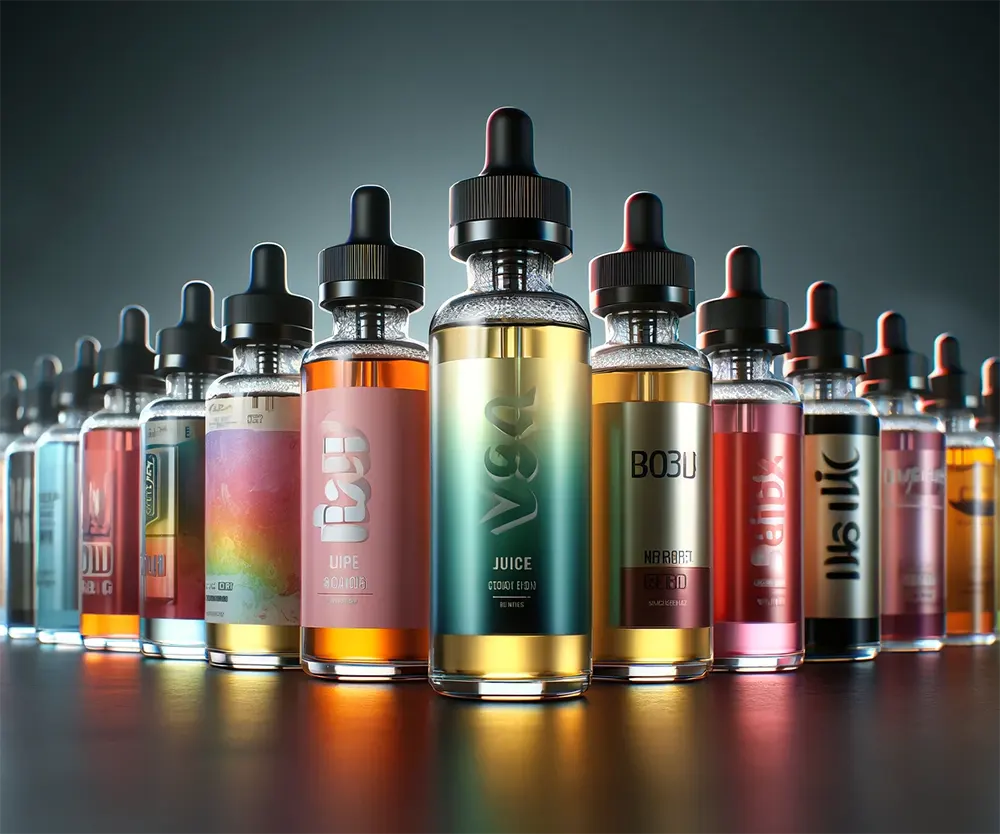 various bottles of vape juice highlighting colorful liquid