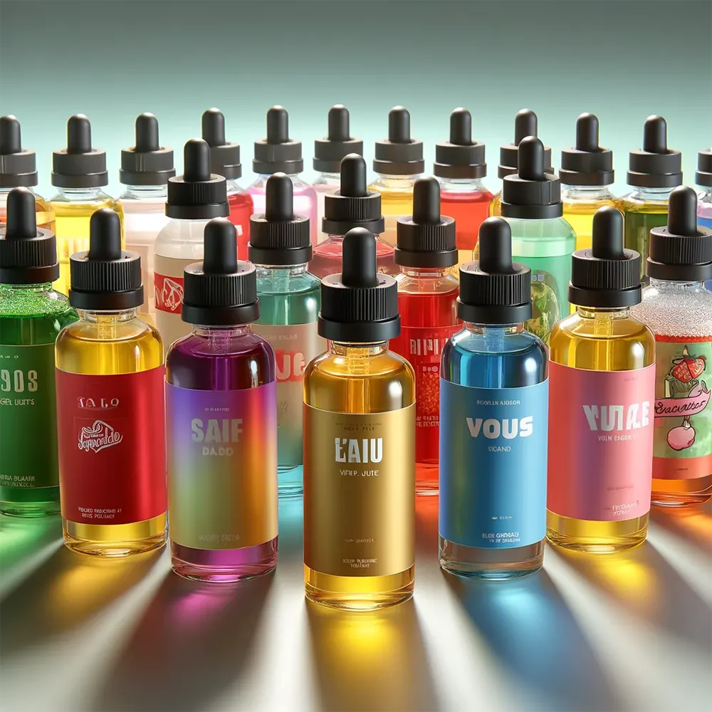 a variety of colorful vape juice bottles distinct in color and design