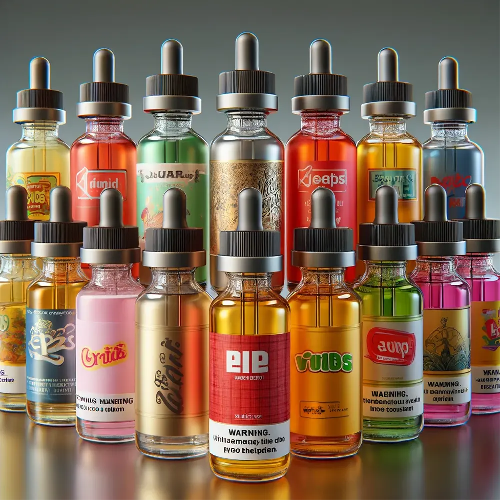 various of colorful vape juice bottles from different brand vape manufacturers
