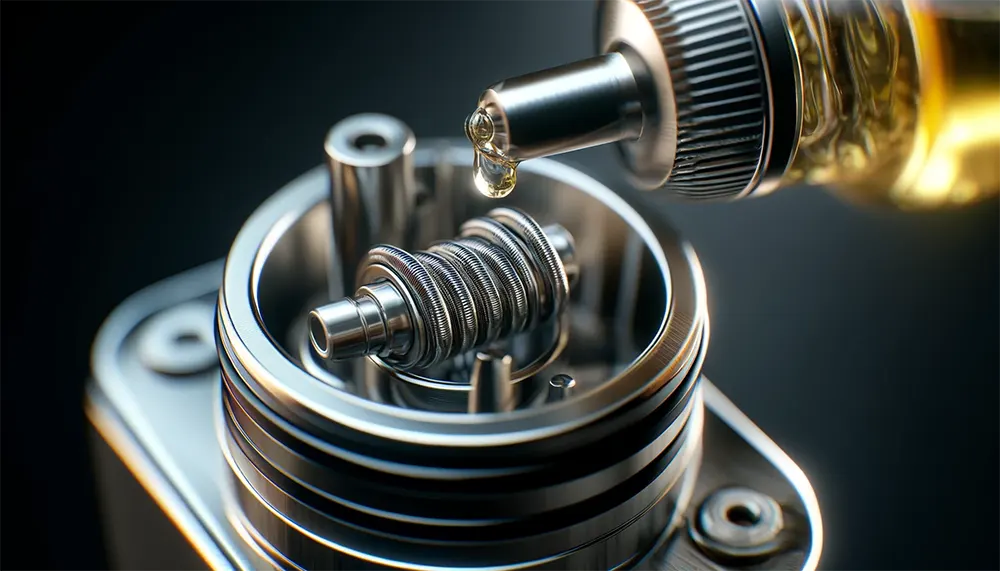 detailed close-up of a vape device's coil and vape juice refill