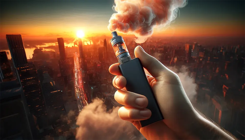 an electronic cigarette is exhaling a thick vapor cloud
