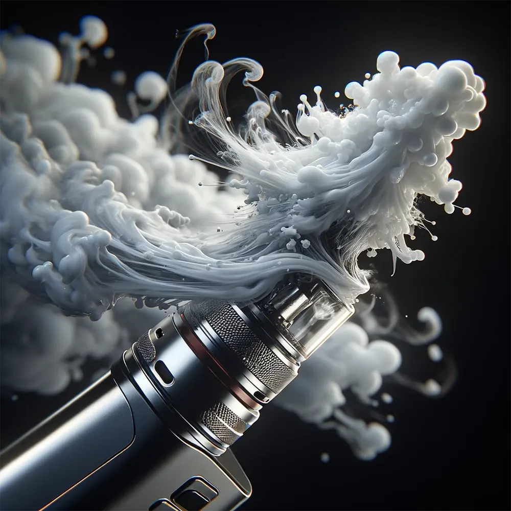 a 3D render of a vaping device with a detailed burst of vapor