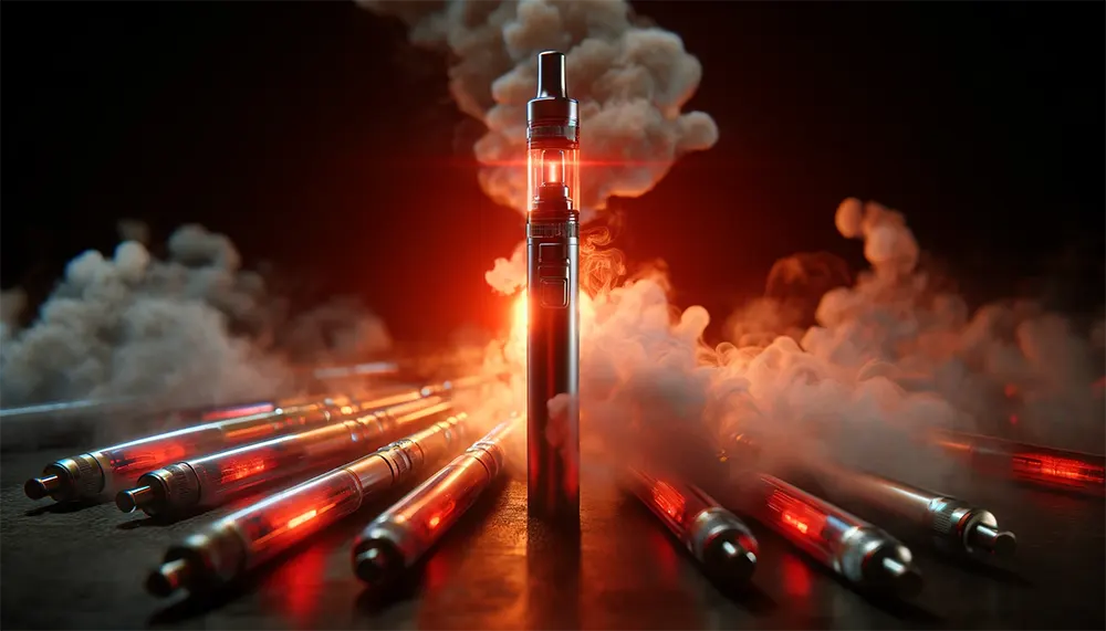 disposable vapes with visible smoke and a glowing red light to illustrate auto firing